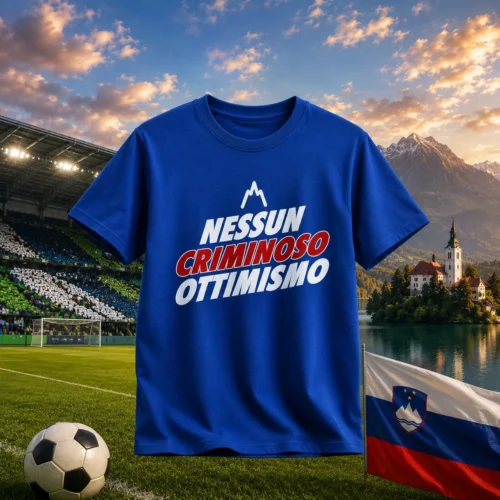 Calcio Sloveno T-shirt blu con scritta Nessun Criminoso Ottimismo, merchandise Il Calcio Sloveno