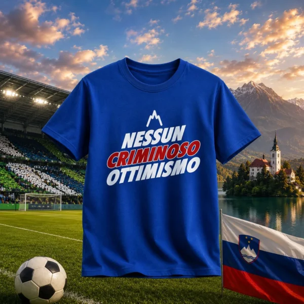 Calcio Sloveno T-shirt blu con scritta Nessun Criminoso Ottimismo, merchandise Il Calcio Sloveno